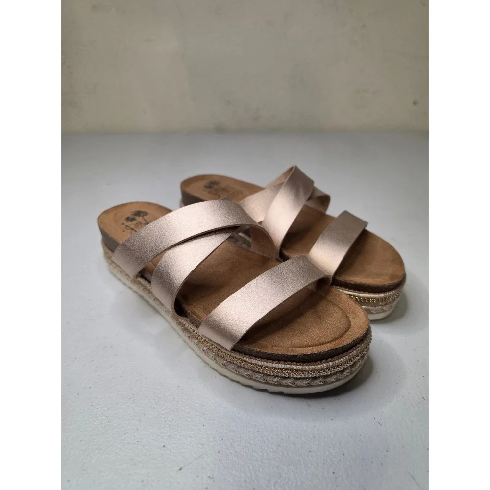 Jellypop Rose Gold Metallic Platform Wedge Sandals Women 8.5 Braided Trim Slide
